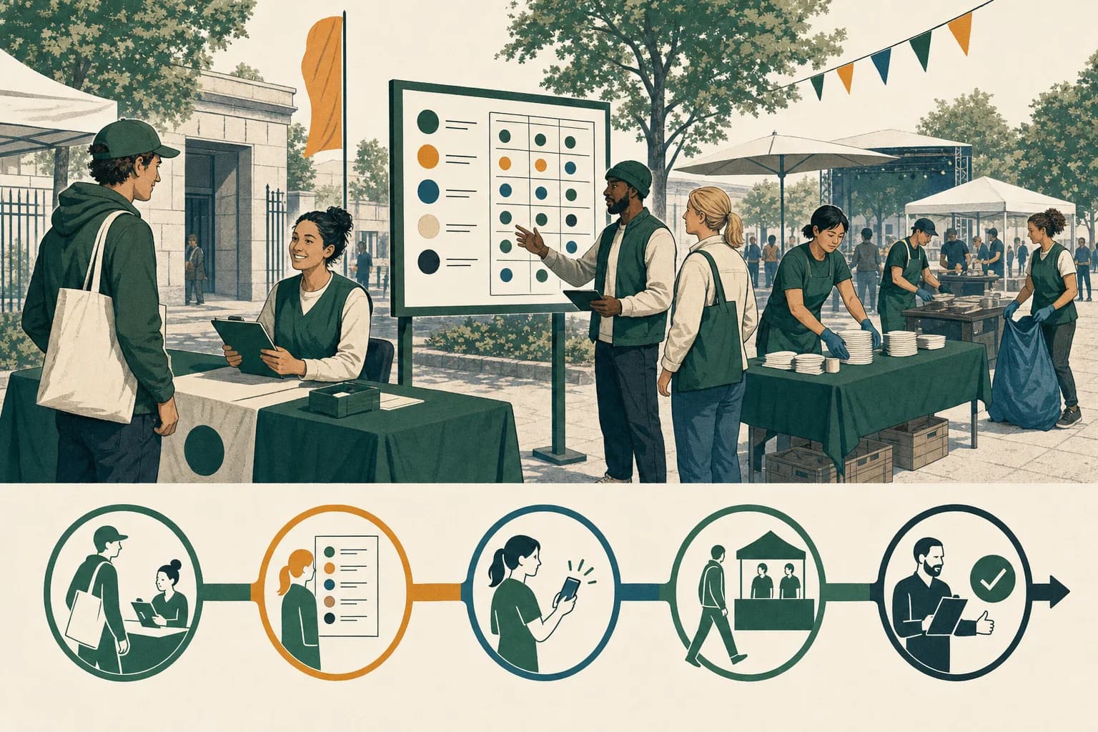 Illustration eines organisierten Event-Tags mit Einlass, Einsatzplan und klaren Übergaben