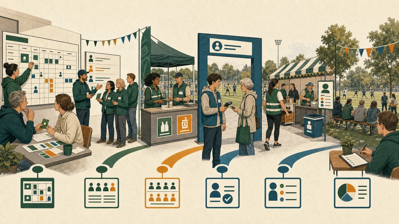 Illustration des Crewio-Ablaufs von der Einsatzplanung über Check-in und Teamkoordination bis zur Auswertung
