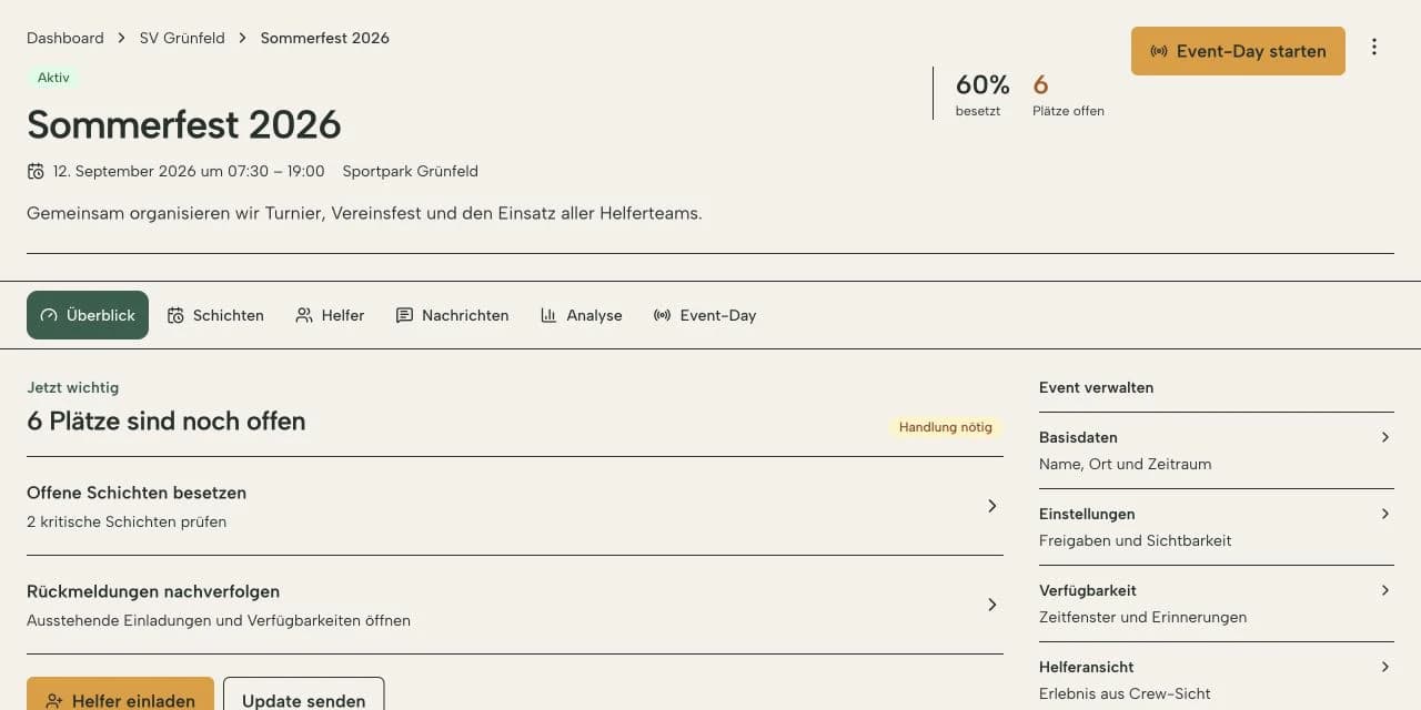 Echte Crewio Event-Zentrale für das Sommerfest 2026 mit Besetzungsstand und nächsten Aufgaben